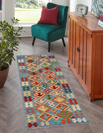 Flat Weave Kilim, Antique, Navaho, Vintage, Handmade, Geometric Kilim Blue Rust Hand-Woven Runner 100% Wool Area Rug 3 x 7